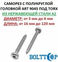 Саморез (шуруп) с полукруглой головкой под TORX из нержавеющей стали А2, размер 3х16, 10 шт