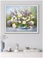Картина на стену для интерьера "Весенний привет 1", 47х57 см, на бумажном холсте, в белой раме, небольшая/постер в рамке с цветами/Графис