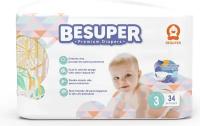 Diapers-подгузники BESUPER Premium, размер M (3) 6-10 кг. 34 шт