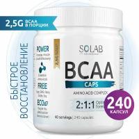 BCAA 2:1:1 в капсулах, SOLAB, незаменимые аминокислоты, БЦАА 240 капсул, 40 порций