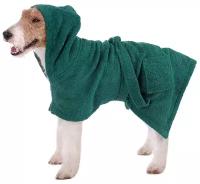 Махровый халат-полотенце для собак с капюшоном, темно-зеленый, размер XS. Халат для собак. Полотенце для собак