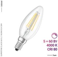 Лампочка диммируемая OSRAM LED Star B, свеча, 520лм, 5Вт, 4000К, нейтральный свет, E14, Свеча, светодиодная, филаментная