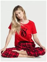 Пижама VICTORIA'S SECRET L красная футболка с лого и брюки в красно-черную клетку Flannel Jogger Tee-jama