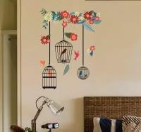 Настенная декоративная интерьерная наклейка "Певцы". Три клетки с птичками и цветы. Размер композиции на стене 44 на 57 см. Размер листа 32 на 58 см
