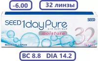 Контактные линзы SEED 1 day Pure moisture 32 линзы, R 8.8 SPH -6.00, однодневные, прозрачные