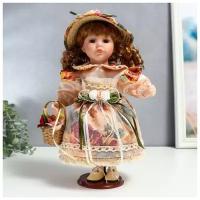 --- Кукла коллекционная керамика "Клара в платье с розами, шляпке и с корзинкой" 30 см