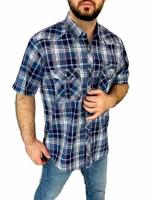 Летняя рубашка с коротким рукавом "Темно-синяя клетка", размер 58, хлопок
