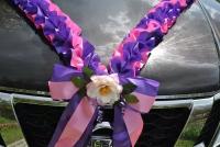 Украшения на машину- Лента - рюш на капот свадебного авто и украшения-Банты на зеркала фиолетово-розового цвета