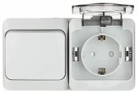 Блок выключателя с розеткой Этюд BPA16-241C одноклавишный открытая установка серый с заземлением IP44 с крышкой со шторками