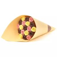 Шоколадный букет из 19 розочек CHOCO STORY, в Медовой подарочной бумаге: Шоколадный, Желтый и Розовый Бельгийский шоколад, 228 гр. B19-J-SHJR