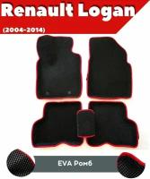 Ковры ЕВА в салон для Renault Logan/ Рено Логан (2004-2014)/ комплект ковров ЕВА ромб черный (красный кант) с бортом