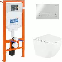 Комплект унитаза с инсталляцией BelBagno Uno BB3105CHR/SC/BB002-80/BB005-PR-CHROME с сиденьем Микролифт и клавишей смыва Хром глянцевый