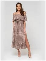 Платье сарафан в горох, открытые плечи с воланом, юбка колокольчик с воланом, кофейный цвет, размер S