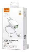 Сетевое зарядное устройство LDNIO A3312 Fast Wall Charger 3.4A, 3USB + кабель USB - Micro USB 1м (white)