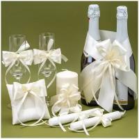 Набор свадебных украшений для бракосочетания "Банты айвори" из 7 предметов с атласными бантиками молочного цвета и жемчужными бусинами