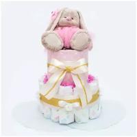 Тортик из японских памперсов для новорожденной девочки "Очарование" с мягкой игрушкой Зайка Ми, двухъярусный
