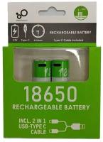 Аккумуляторные батарейки тип 18650 3.7V 2000 mAh, с USB type-C кабелем, 2 штуки