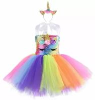 Платье карнавальное "Единорог" разноцветное (ободок) (размер м)