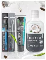 зубная паста BIOMED WHITE COMPLEX / вайткомплекс, 100 г + 2 зубные щетки BIOMED BLACK средняя (Зеленая/Голубая)