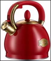 Чайник REGENT со свистком, 2,8 литра, красный, глянцевое жаростойкое декоративное покрытие корпуса, ручка покрытие Soft-Touch