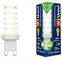 Светодиодная лампа Uniel LED-JCD-9W/3000K/G9/CL GLZ09TR прозрачная. Теплый белый свет (3000К). Картон. ТМ