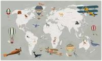 Фотообои Уютная стена "Карта мира с мультяшными животными" 450х270 см Бесшовные Премиум (единым полотном)