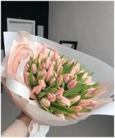 Тюльпаны нежно-розовый 51 шт, красивый букет цветов, шикарный, премиум букет тюльпанов