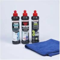 Набор для полировки автомобиля Menzerna 3x250 мл (Heavy Cut Compound 400 + FF3000 + Power Protect Ultra 2 in 1), + Microfiber Blue полировальная многоразовая салфетка из микрофибры