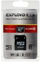 Карта памяти Exployd MicroSD, 8 Гб, SDHC, класс 10, с адаптером SD