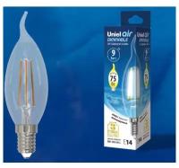 Светодиодная лампа Uniel LED-CW35-9W/4000K/E14/CL/DIM GLA01TR диммируемая. Форма "свеча на ветру", прозрачная. Серия Air. Белый свет (400