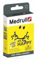 Medrull Лейкопластыри медицинские детские в стрипах, тату, "Mr. Happy", 10 шт