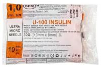 Шприц инсулиновый SFM, 1 мл, комплект 10 шт, в пакете, U-100 игла несъемная 0,3х8 мм - 30G, 534253