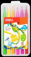 Фломастеры Deli EC10304 Color Emotion кисть смываемые 12цв. пластиковый пенал (12шт.)