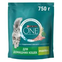 Сухой корм Purina ONE для домашних кошек с индейкой и цельными злаками, пакет, 750 г