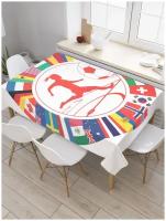 Прямоугольная тканевая скатерть на стол JoyArty с рисунком "Футболист и флаги" 120 на 145 см