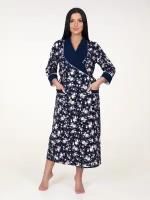 Халат текстильный женский домашний интерлок пенье с запахом, рукава 3/4 с манжетами принт цветы на темно-синем фоне размер 52