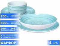 Набор столовой посуды Infinity: 1 бульонница 300 мл, 1 глубокая тарелка 700 мл, 1 плоская тарелка 20 см, 1 тарелка 24 см, фарфор, бирюзовые