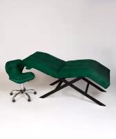 Комплект кушетка для наращивания ресниц, косметологическая Квадрат лофт, ноги черный металл и стул Ракушка, темно- зеленый
