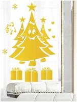Наклейка на окно виниловая золотая "Веселые елки" 60х34см, на окно, на стену Новогодняя наклейка (декор, новогоднее украшение)