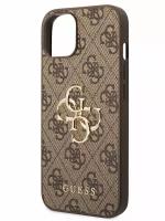 Guess для iPhone 15 чехол PU 4G Big metal logo Hard Brown