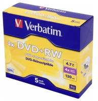 Диск Verbatim DVD+RW 4.7Gb 4x Jewel case (5шт) (43229)