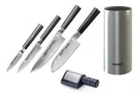 SD-0240МЕТПЭТ набор из 4-Х кухонных ножей SAMURA DAMASCUS овощной, универсальный, ШЕФ, сантоку, металлическая подставка И электроточилка