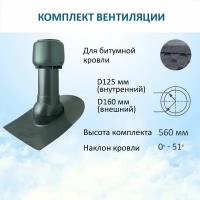 Комплект вентиляции: Колпак D160, вент. выход утепленный высотой Н-500, проходной элемент для битумной кровли, серый