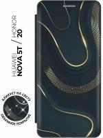 Чехол-книжка Золотистые акценты на Honor 20 / Huawei Nova 5T / Хонор 20 / Хуавей Нова 5Т с эффектом блика черный