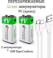 Аккумуляторная перезаряжаемая батарея Li-ion 9V 650 mAh (2 шт) с USB проводом