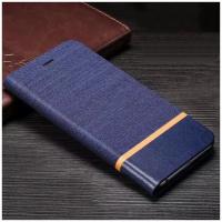 Чехол-книжка MyPads Con Striscia для iPhone 4/4S из ткани под джинсу и вставкой под кожу синий