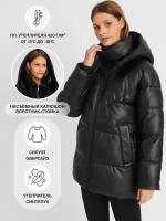 Тёплая куртка из экокожи с капюшоном и поясом, цвет Черный, размер XS 023425102024
