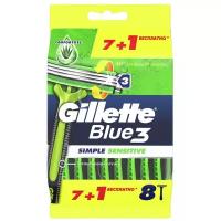 Одноразовый бритвенный станок Gillette Blue3 Simple Sensitive одноразовые, 8 шт, зеленый, 8 шт