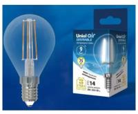 Светодиодная лампа Uniel LED-G45-9W/4000K/E14/CL/DIM GLA01TR диммируемая. Форма "шар", прозрачная. Серия Air. Белый свет (4000K). Картон