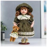 Кукла коллекционная керамика "Леночка в оливковом платье и шляпке, с мишкой" 30 см 6260909